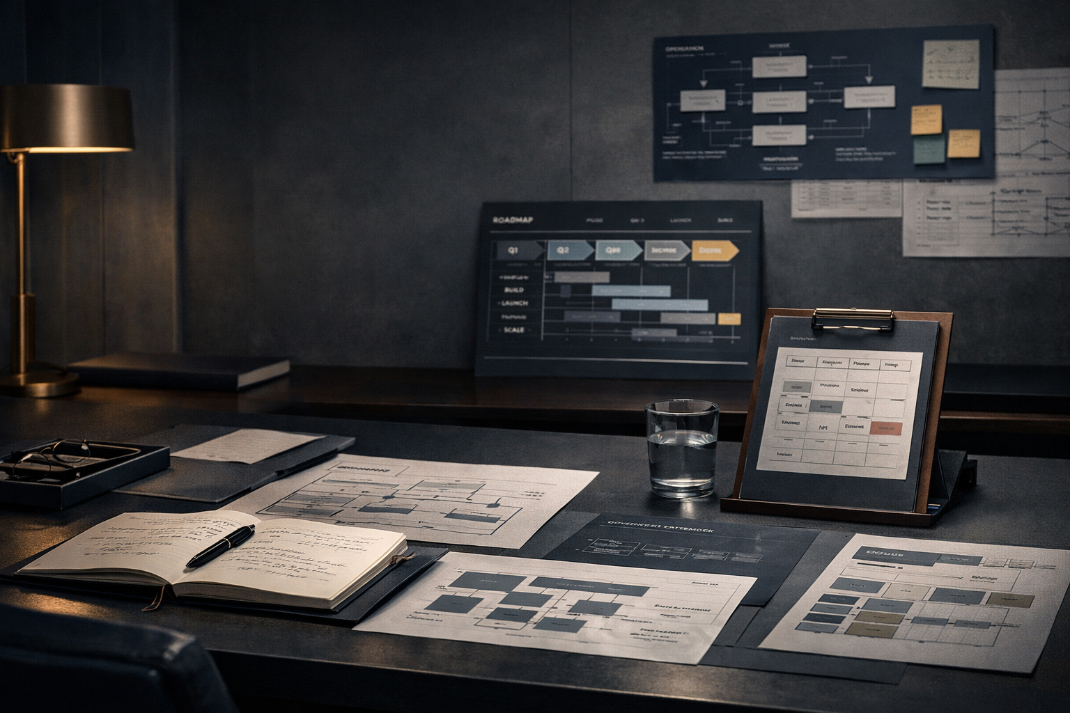 Calm executive planning workspace prepared for a technical architecture review