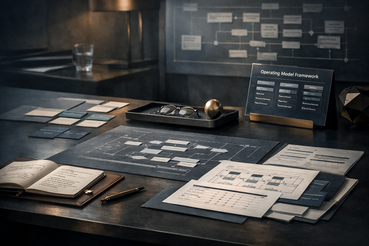 Executive technical strategy table with architecture notes and operating model diagrams